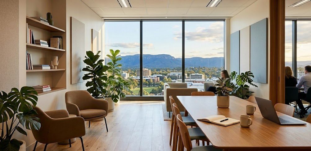 Professional meeting space with warm Australian landscape view